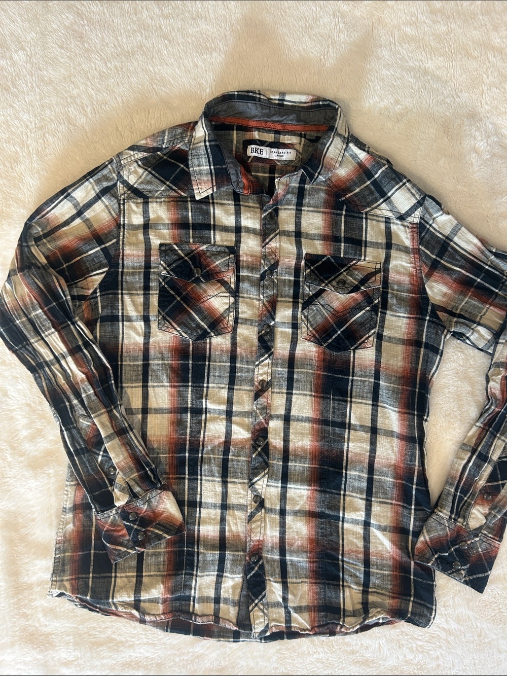 BKE Men’s Plaid Button-Down Shirt - Black, Brown & Cream